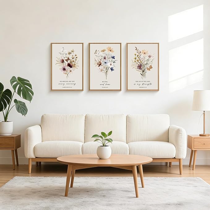 Boho Christian Floral Scripture Wall Art Set of 3, Bible Verse Flower Painting, Religious Wildflower Artwork for Living Room, Bedroom, Fireplace, Modern Botanical for Home Decor- 16"X24"X3