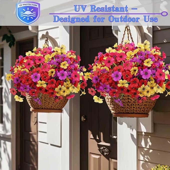 Geegoods Artificial Mums Flowers for Outdoors, 16 Bundles UV Resistant Fake Plastic Colorful Mix Flowers for Patio Porch Spring Summer Decor
