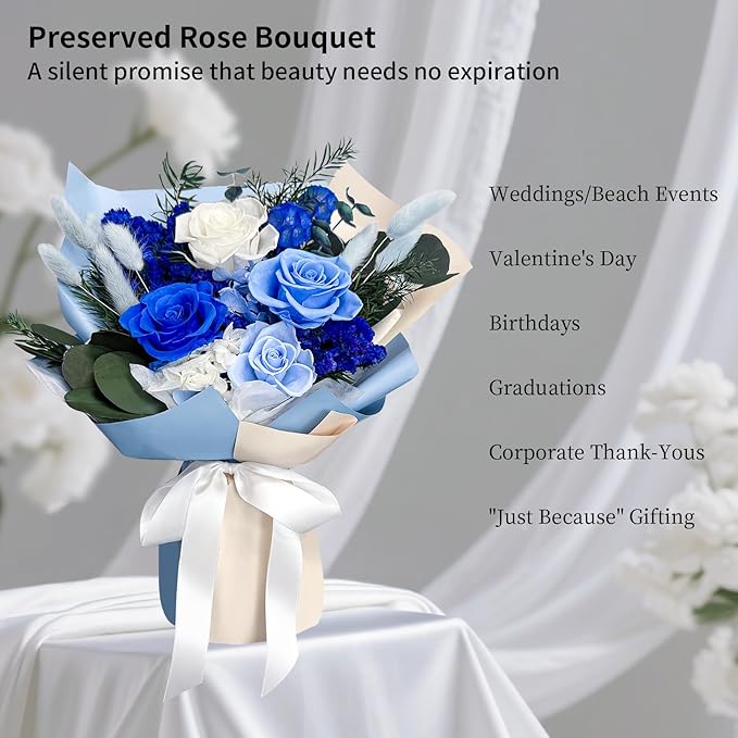 FNCHAI Preserved Roses Bouquet – Flowers for Delivery, Valentines Day Gifts for Him, Long-Lasting Romantic Real Roses for Anniversary, Graduation, Father’s Day & Beach Weddings (Blue)