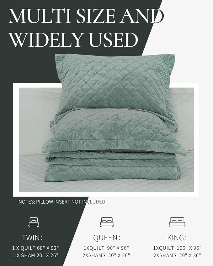 Luxury Velvet Queen Quilt Set, Ultra Soft Lightweight Velvet Comforter Set, Oversized Bedspread Coverlet with 2 Shams Diamond Pattern, for All Season (Aqua Green)