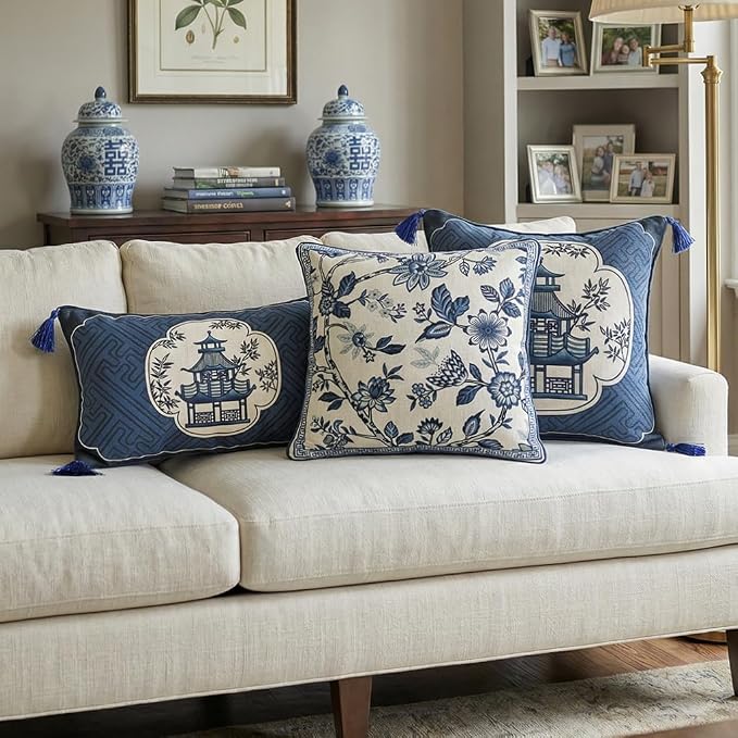 bilin gaier Designer Linen Throw Pillow Covers,28"x12" Set of 2-Suqing B | Chinoiserie Elegant Rectangular Blue Pillow Cover,Concealed Zipper,Sofas,Bedroom,Living Room,Dining,Lounge Chairs
