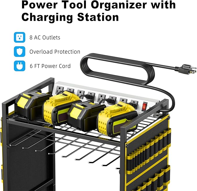 JUNNUJ Large Power Tool Organizer Cart with Charging Station, Garage Floor Standing Rolling Drill and Tools Battery Storage Cart on Wheels, Heavy Duty Rack Shelf with 8 Outlet Power Strip, Yellow