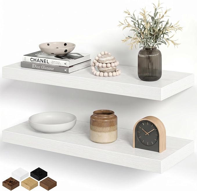 Floating Shelves for Wall, 24 Inch Floating Shelves Set of 2, Wall Mounted Rustic Wood Shelf for Bathroom, Living Room, Bedroom and Kitchen, Hanging Shelf for Storage, Books, Home Decor, White
