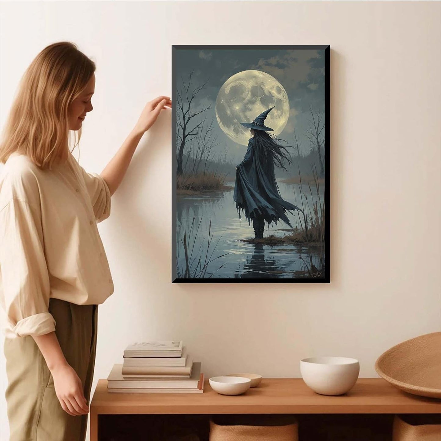 JFHCQJPK Witch in the moonlight magic canvas wall art enchanting Halloween home decor swamp witch silhouette oil painting mysterious gothic aesthetic wall decor print poster8x12in Metal blackFramed