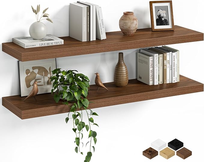 Fun Memories Floating Shelves for Wall, 36 Inch Long Set of 2 Rustic Wood Wall Shelves with Invisible Brackets, Heavy Duty Storage Display for Living Room Bedroom Kitchen, Walnut