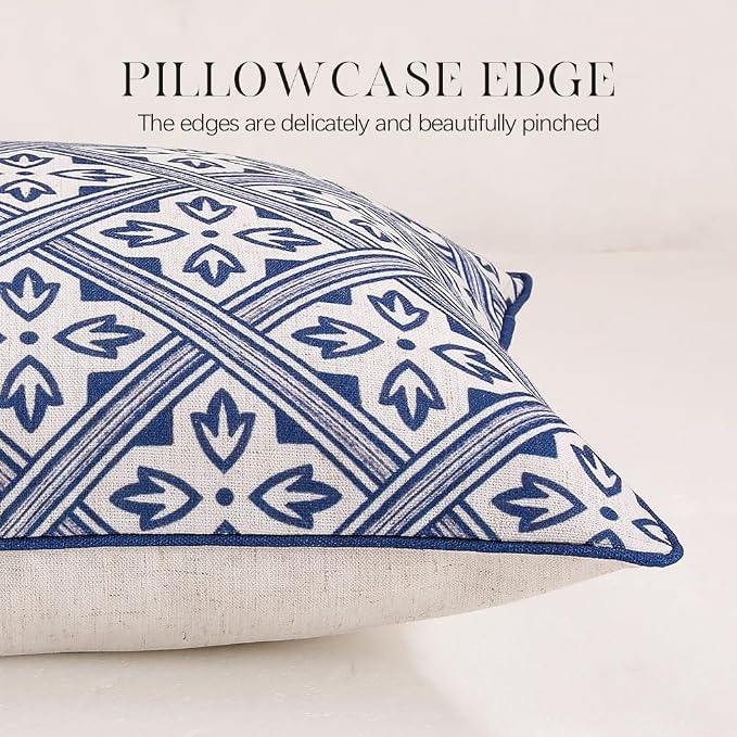 patdrea Designer Vintage Linen Throw Pillow Cover,18"x18"-Ivar C | Decorative Pillow Case,Chinoiserie Blue Floral Print Pillow Cover for Couch Living Room Bedroom Sofa