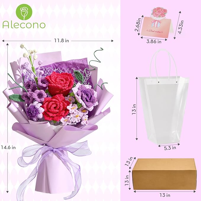 Alecono Crochet Flower Bouquet, Purple and Hot Pink Knitted Flowers, Crochet Roses Flower for Valentine Day Lover Anniversary Birthday Mother's Day Graduation Gifts (with Card)