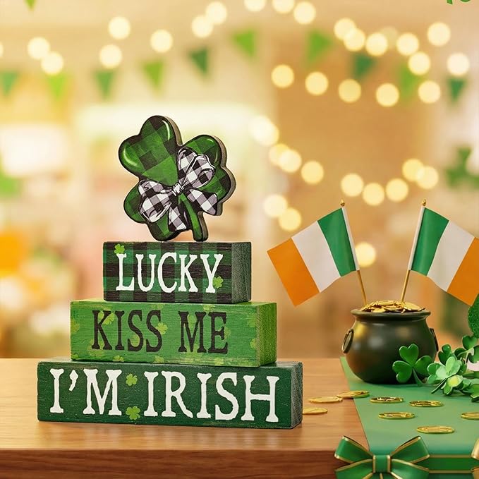 Smile St.Patrick's Day Wooden Block Decor Set of 4 Shamrock & "LUCKY KISS ME I'M IRISH", Tabletop Shelf Lucky Holiday Decoration