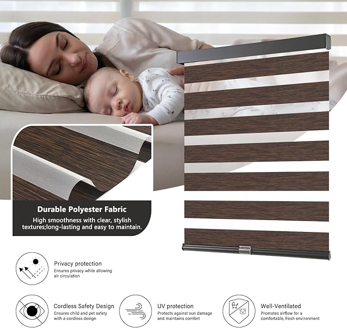 AOSKY Cordless Zebra Blinds for Windows Pull Down Roller Window Shades Dual Layer Light Filtering Privacy for Day and Night, Free-Stop Door Shades for Home Easy to Install Brown 43" W X 72" H