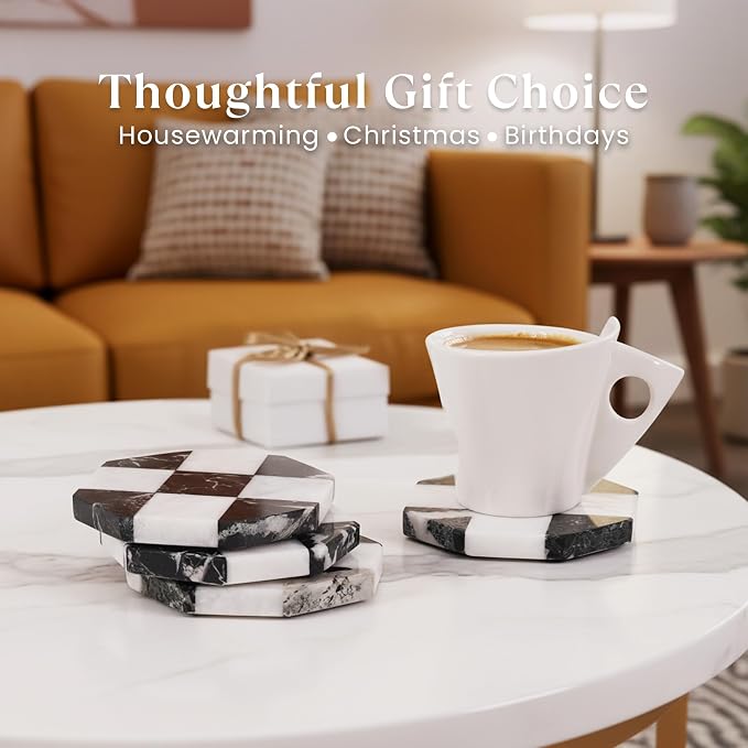 Marble Coasters Set of 4, Zebra Black & White Handmade 4 inch Star Checkered Stone Coaster, Drink Coasters for Living Room, Trendy Office Desk Accessories & Home Décor