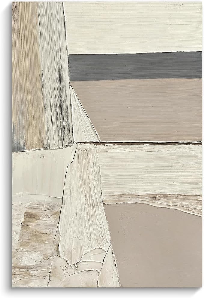 Abstract Canvas Wall Art, 24x36" Hand Painted Original Neutral Oil Painting | Textured White Beige Gray Layered Composition Modern Vertical Wall Decor for Living Room Bedroom Office Framed Ready to Hang