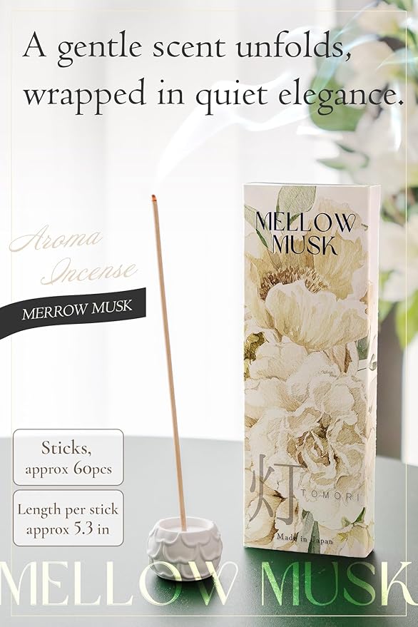 White Musk Luxury Japanese Incense Sticks 60sticks Mellow Musk Bergamot Vanila Coreless Low Smoke Natural Charcoal Free Non Toxic Aromatherapy Meditation Calming Stress Relief Relaxation Yoga TOMORI