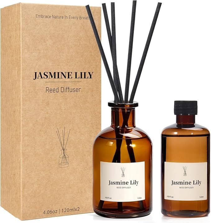 Reed Diffuser Set, 8.12 fl.oz Jasmine Lily Scented Diffuser with 10 Reed Sticks, Up to 120 Days, Home Fragrance Reed Diffuser for Bathroom Office Shelf Decor & Air Fresheners, 2 Pack