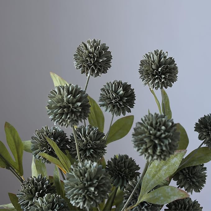 VIERENA 6 Pcs Faux Silk Pompon Mum Artificial Flowers for Vase -27", Bulk Fake Chrysanth Branches with Stems for DIY Bouquet Centerpieces Wedding Fillers Arrangements Shower Decorations (Dark Gray)