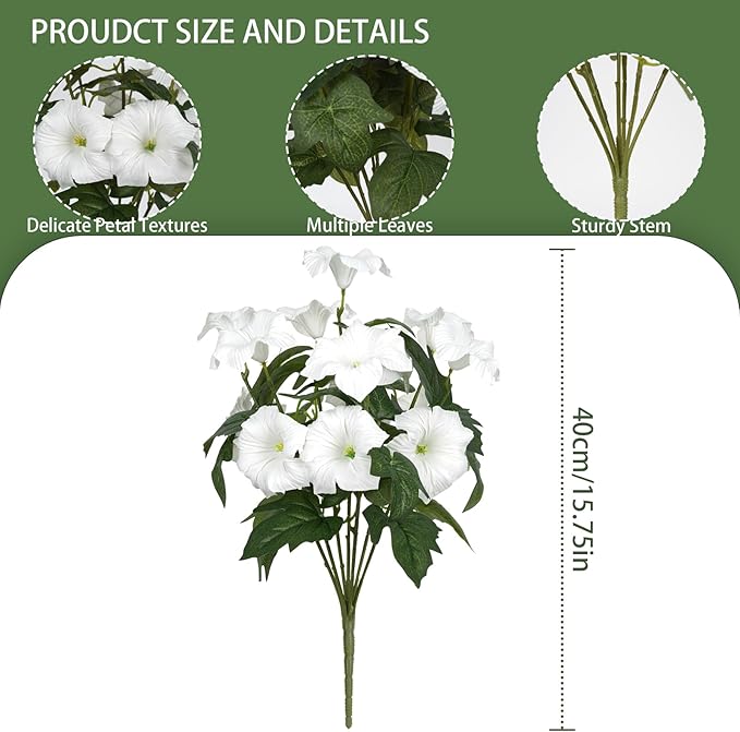 Artificial Flowers for Outdoors, Faux Petunias Spring Summer Decoration, Fake Flowers Plants UV Resistant Look Real Silk Flowers for Outside Planter Front Door Porch Patio Yard (6, White)