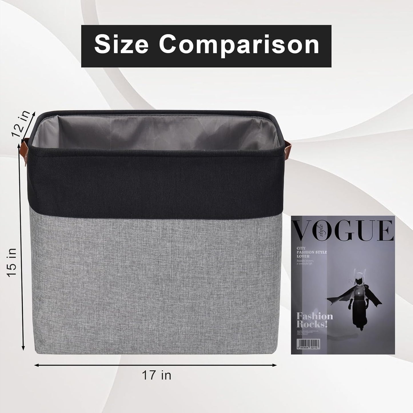 Large Fabric Storage Baskets | 50L Storage Bins, Decorative Linen Closet Baskets with Handles for Organizing, Shelf, Toys, Clothes, Home, Office, Nursery, 17x12x15Inches (Gray&Black)