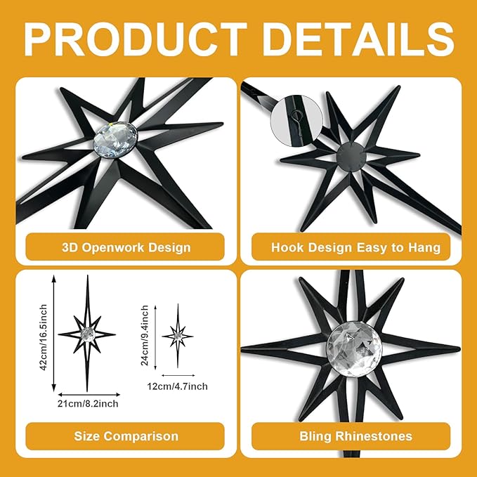 sxnzequnze 4 Pack Metal Star Wall Art 8 Pointed Starburst Wall Decor Set with 2 Large & 2 Small Pieces Mid Century Celestial Metal Wall Sculpture for Bedroom Living Room Office Gallery Wall