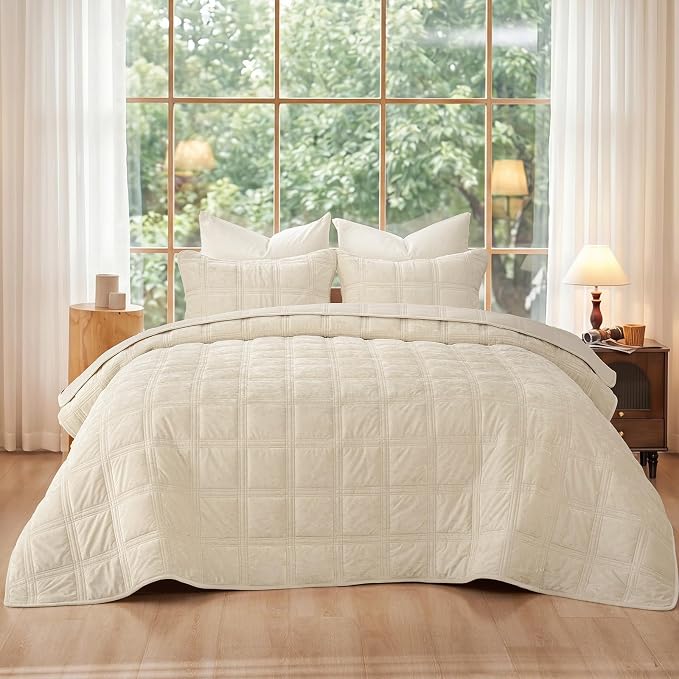 PHF Ultra Soft Velvet Quilt Set Queen Size – 3PCS Luxurious Cozy Quilted Comforter Alternative with Diamond Pattern, Warm Quilted Bedspread Coverlet, 90" x 92", Sand