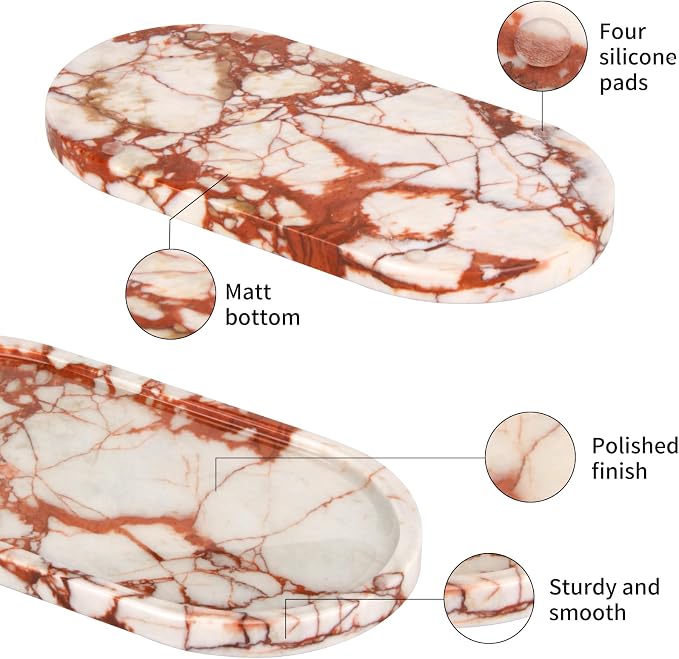 Oval Marble Bathroom Vanity Tray, Natural Luxury Marble Home Kitchen Bathroom Table Tray, Stone Decorative Countertop Tray for Coffee Perfume Jewelry (Calacatta Red, 12" x 6" x 0.8")