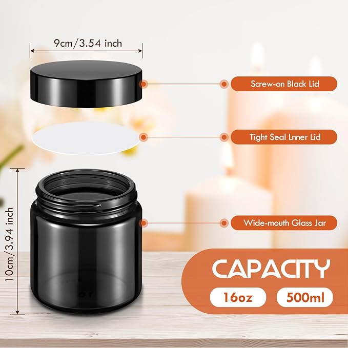 Norme 24 Pieces 16 oz Glass Jars with Lids Empty Storage Containers Leakproof Round Cosmetic Jars for Storing Lotions Powder Ointments Making(Black)
