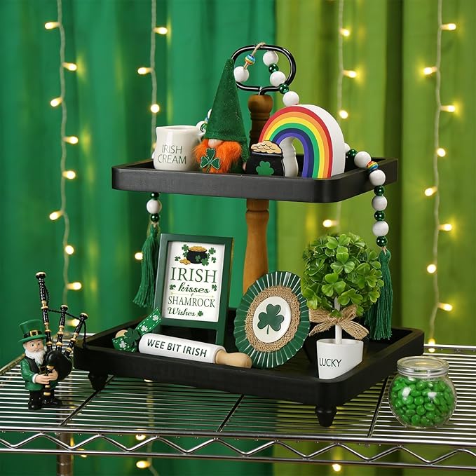St Patrick's Day Decoration 8 PCS Tiered Tray Decor Set, Cute Tabletop Saint Patty's Day Décor for Home Shelf Mantel Office Table Coffee Bar Leprechaun Gnome Shamrock Irish Tray Objects