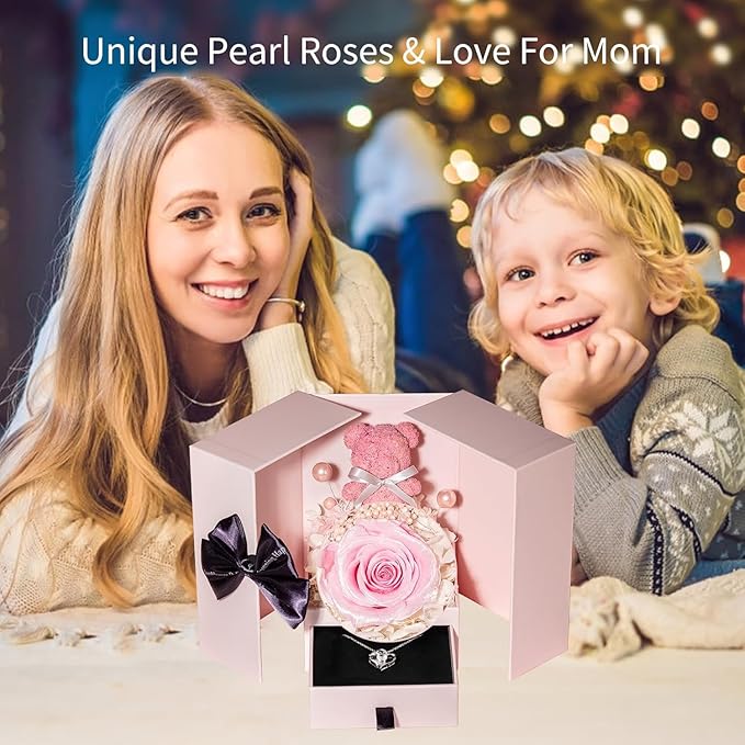 JoyFlower Preserved Flowers Bear with Necklace Gifts for Girlfriend, Unique Pearl Rose Bear Necklace Birthday Gifts for Mom, Eternal Roses Mother's Valentine's Day for Wife Grandma Her