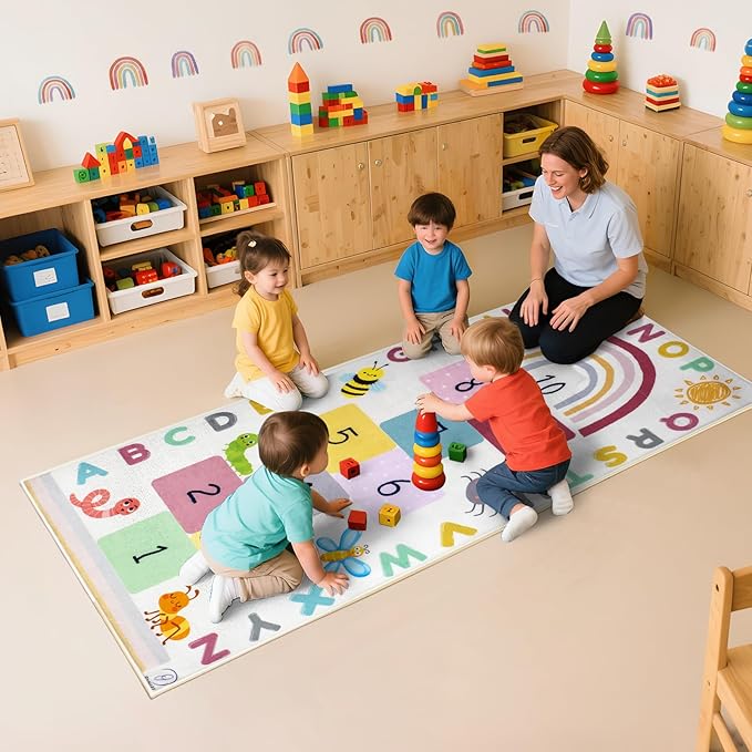 Hopscotch Rug for Kids, Hopscotch Play Mat, ABC Classroom Learning Mat, Small Kids Rug for Playroom, Non-Slip Educational Carpet for Kids Room or Classroom (Numbers & Squares)