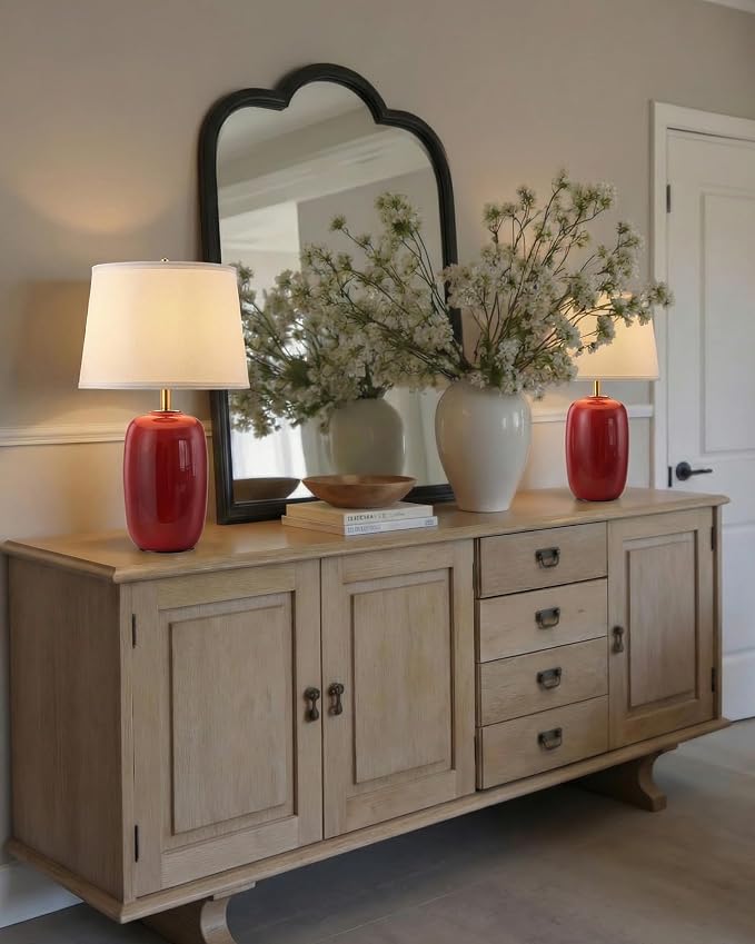 PUSU 22 Inch Red Ceramic Table Lamps Set of 2, Fabric Lampshade Living Room Office Desk lamp, E26 Socket Rotary Switch Lighting for Bedroom, Nightstand, Reading, Office, Study, Corner, Home Decor