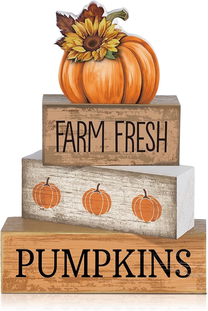 Lineshading 4 Pcs Thanksgiving Pumpkin Decor Fall Table Decoration Fall Tiered Tray Decor Thanksgiving Centerpiece Rustic Decorative Pumpkin Block Signs Farmhouse Harvest Decoration for Home Kitchen