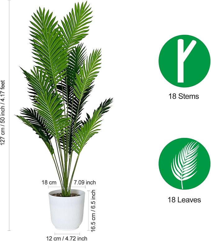 SAJANDAS Set of 2 Artificial Areca Palm Plants in Pots, 50 Inch Fake Tropical Palm Trees with Greenery Leaves and Stems, Faux Dypsis Lutescens Floor Plants for Garden, Store, Office, Home Decoration