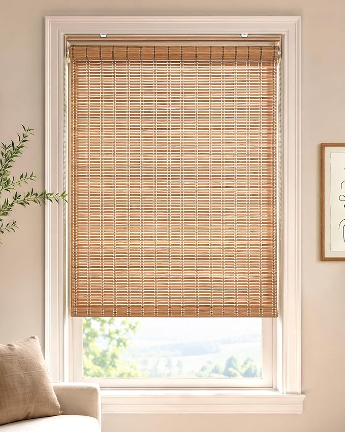UNISHADES Cordless Bamboo Roller Shades, 34×70 in, Brown206 | Woven from Wide Bamboo Strips Roll Up Blinds, Protecting Privacy, Light Filtering
