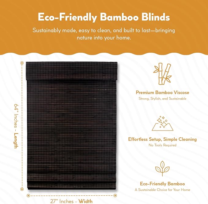 Radiance Cordless Bamboo Roman Shades for Windows - Flatweave Bamboo Blinds for Reduce Bright Light - Easy to Lift & Fold Up Window Shades - Espresso - 27 in. W x 64 in. L - (2208826E)