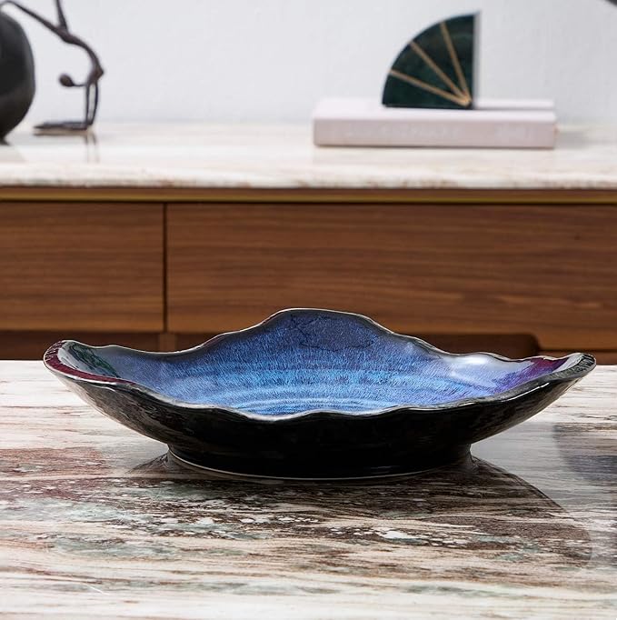 Large Ceramic Decorative Bowl, Blue Reactive Glaze, 12" Dish | Centerpiece Bowl, Modern Coffee Table Decor Dish, Entryway Catchall Key Bowl