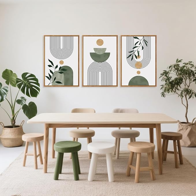 TOARTi Large Framed Boho Botanical Canvas Wall Art Set, Abstract Bohemian Sage Green Wall Decor, Mid Century Modern Neutral Geometric Leaf Art Prints for Living Room Bedroom Office-24”x35”x3