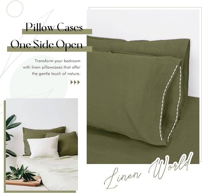 Linen Pillow Cases Set of 2,20"x40" King Size,100% French Natural Flax Soft Linen Pillowcases,Olive Branch