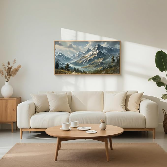 Ausril Boho Mountain Ridge Framed Canvas Wall Art Set, Nature Woodland Landscape Wall Decor, Misty Cloud Forest Wall Painting, Pine Tree River Blue Art Print for Living Room, Bedroom, Office - 20"X40"