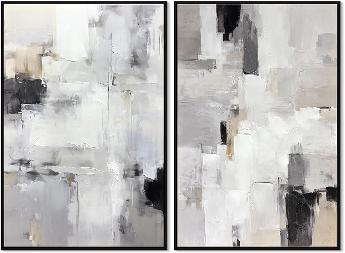 Zessonic Neutral Abstract Wall Art, Large Modern Textured Framed Canvas Wall Decor, Minimalist Prints Paintings, Black White Grey Artwork Pictures for Home, Living Room, Office, 24"x36"x2
