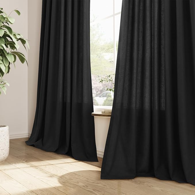 Guken Black Pinch Pleated Linen Curtains 108 Inch Length 2 Panels for Living Room Bedroom Elegant Farmhouse Country Privacy Light Filtering Semi Sheer Back Tab Drapes with Hooks for Nursery 40x108