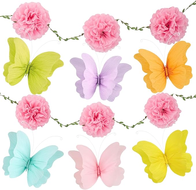 OBBOLO 3D Hanging Butterfly Decorations, Colorful Butterfly Birthday Party Decorations with Tissue Pompom Garland, 6 Pcs Paper Hanging Decorations for Girls, Women, Flower Garden Party Décor