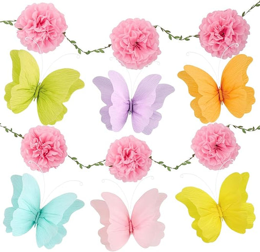 OBBOLO 3D Hanging Butterfly Decorations, Colorful Butterfly Birthday Party Decorations with Tissue Pompom Garland, 6 Pcs Paper Hanging Decorations for Girls, Women, Flower Garden Party Décor