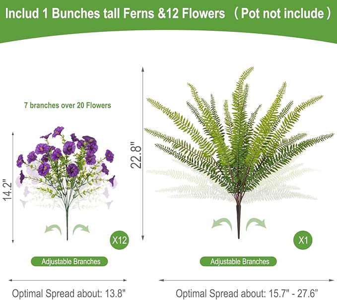Hrobek Artificial Flowers for Outdoors Faux Plants Outside Indoor,UV Resistant Silk Fake Petunia Ferns for Home Patio Garden Back Yard Front Porch Decor(13 Bunches,Dark Purple)