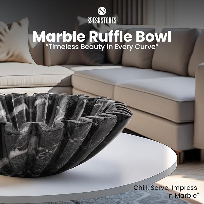 Marble Large Decorative Bowl Handmade 10 Inch Black Ruffle Bowl, Scalloped Bowls for Home Decor, Modern Fruit Bowl for Kitchen Counter, Stone Fluted Bowl for Housewarming Gifts