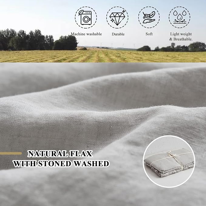 Simple&Opulence 100% Linen Duvet Cover Set, 3 PCS Natural French Flax Light Grey Ruffle Duvet Cover King Size, Breathable Comfy Linen Bedding Comforter Cover with 2 Pillowcases(Light Grey, 104"X 92")