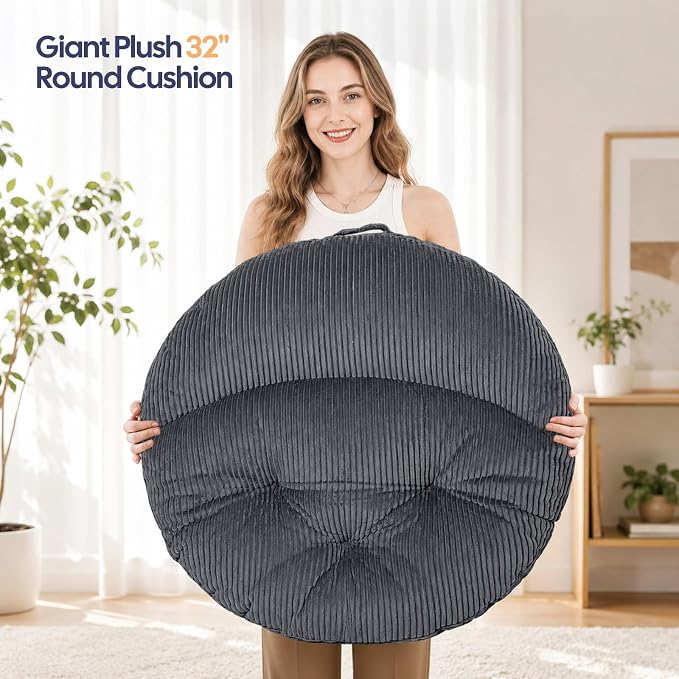 Meditation Cushion, 32 Inch Large Round Floor Pillow, Dark Grey | Soft Tufted Corduroy Meditation Pillow for Adults with Handle for Yoga, Cozy Meditation Mat for Reading and Tatami Seating
