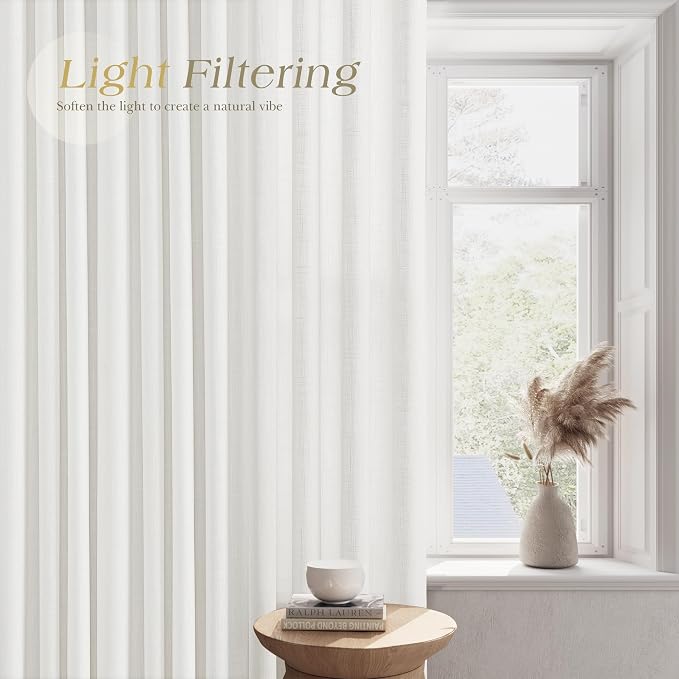 Ivory Linen Curtains 102 Inches Long for Living Room 2 Panels Set Off White Grommet Natural Light Filtering Curtains Extra Long Privacy Farmhouse Large Window Curtains for Bedroom 9 ft Tall 52X108