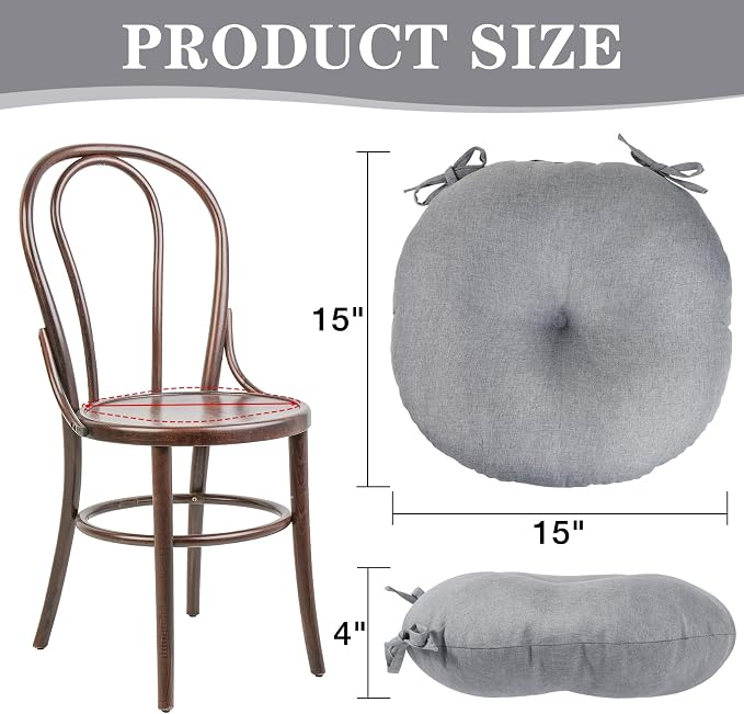 Dark Grey Bistro Chair Cushions Set of 2, Round Seat Chair Pads with Ties for Dining Room Patio