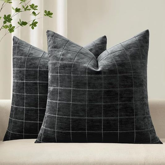 MIULEE Decorative Chenille Check Throw Pillow Covers Vintage Plaid Couch Pillows 18x18 Inch Set of 2 Neutral Boho Farmhouse Cushion Covers Modern Home Decor for Sofa Bed Living Room Black