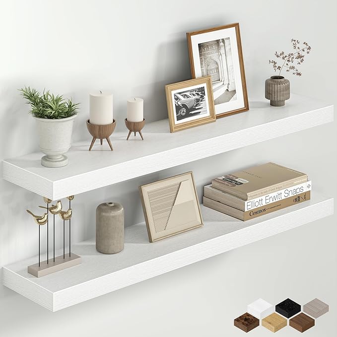 Fun Memories 36 Inch Floating Shelves for Wall, 8 Inch Deep Rustic Wood Floating Shelves Set of 2, Wall Mounted Hanging Shelf with Invisible Brackets for Bathroom, Bedroom, Kitchen, Living Room, White