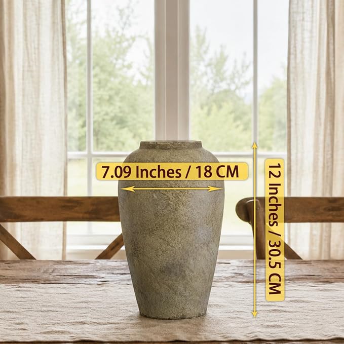 Ceramic Rustic Farmhouse Vase, 12 Inch Beige Flower Vases for Home Decor, Rustic Pottery Vase for Table Centerpieces & Living Room, Farmhouse Ceramic Vases for Entryway & Wedding Gifts