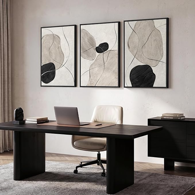 Framed Black and White Abstract Wall Art for Living Room, Large 3 Piece Neutral Minimalist Canvas Artworks, Modern Painting Prints for Dining Room Hallway Home Office Wall Decor, 24x36 In